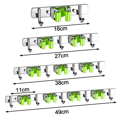 GripLock™ Stainless Steel Wall Mount Mop & Broom Holder – Space-Saving Hook for Kitchen & Bathroom Organization